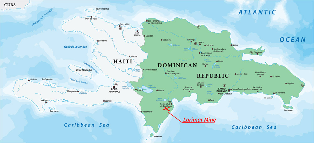 Insel Hispaniola mit Fokus auf die Dominikanische Republik. Larimar Mine auf Karte markiert.